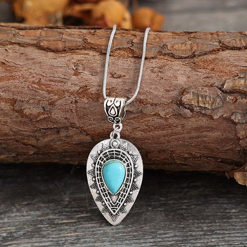 Teardrop Turquoise Pendant Necklace with Filigree Detail in Oxidized Silver