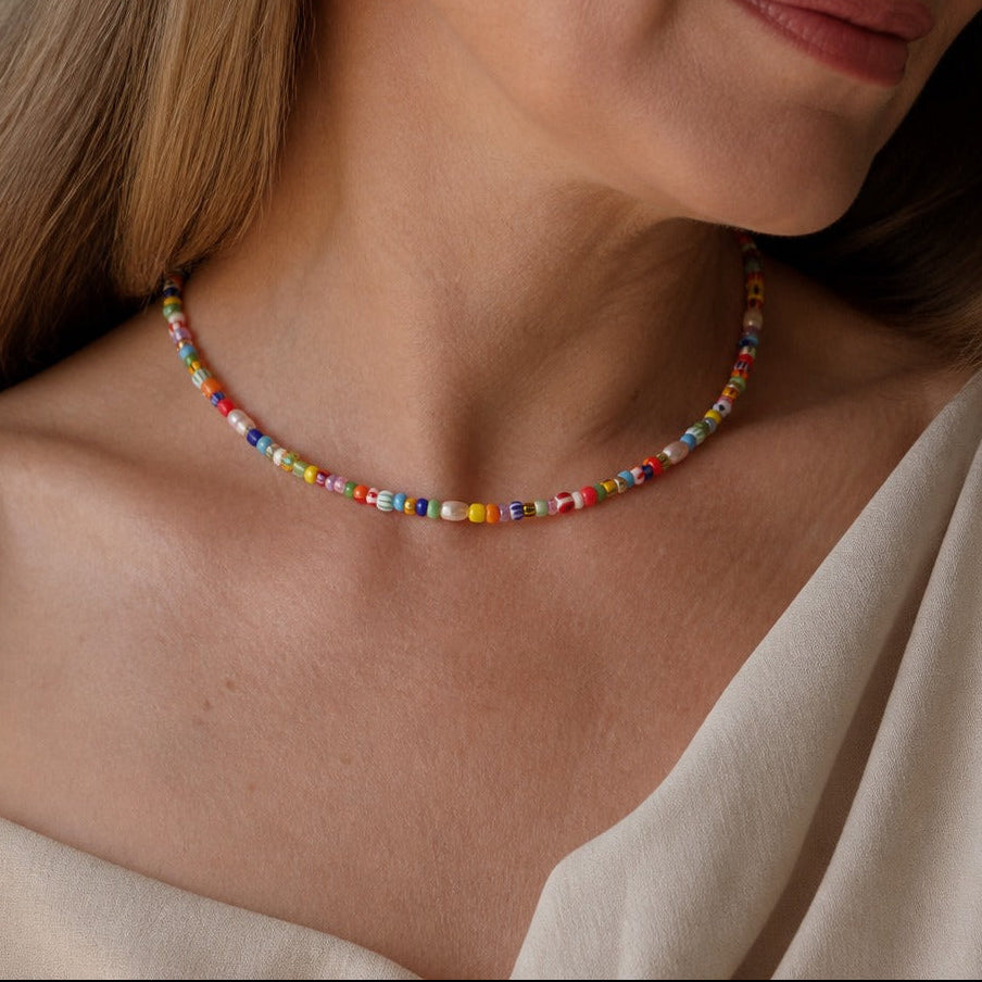 Multicolor Glass Seed Bead Necklace with Metal Spacer Accents — main image