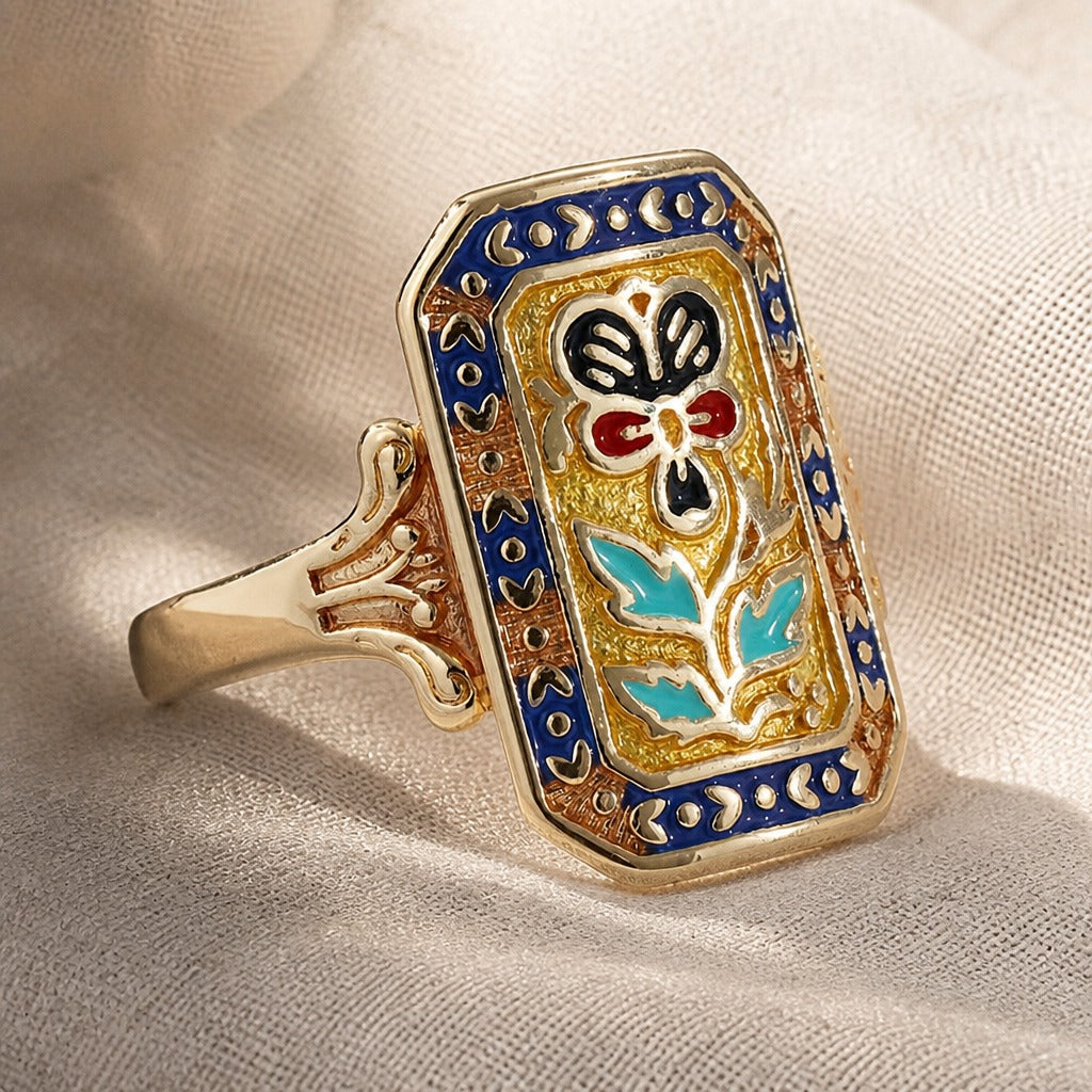 Moon Phase Butterfly Enamel Shield Ring in Blue, Gold and Turquoise — main image