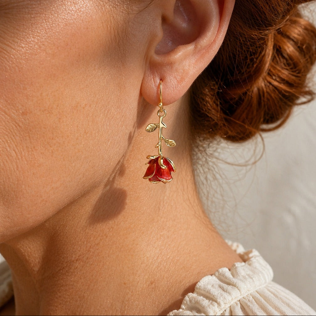 Red Rose Drop Earrings with Leaf Detail in Gold Tone — main image