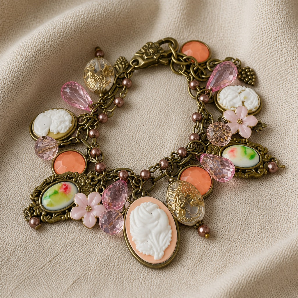 Rose Cameo Charm Bracelet with Enamel Florals and Pearl Accents — main image