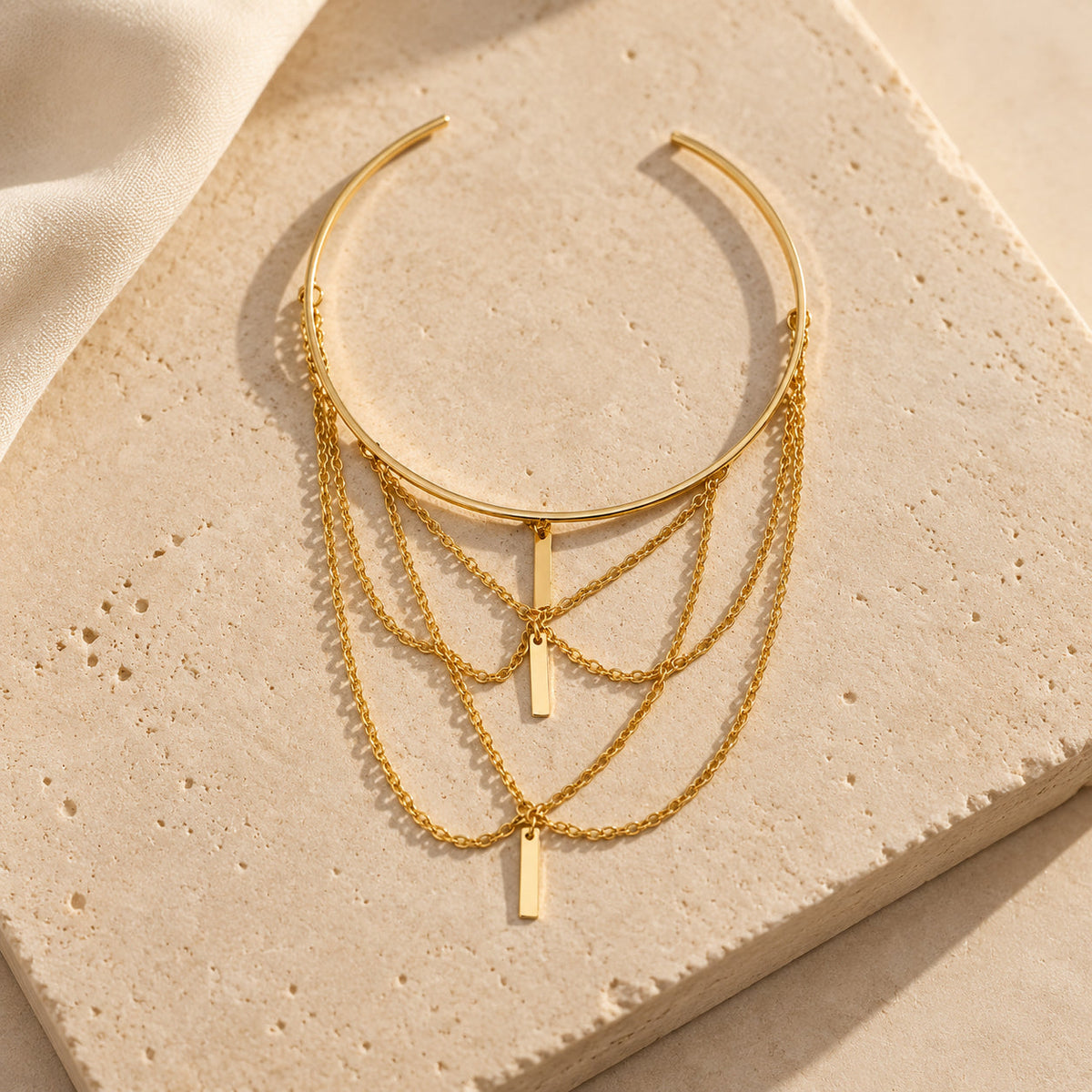 Layered Chain Arm Cuff Bracelet with Rectangular Bar Pendants, Gold-Tone — main image