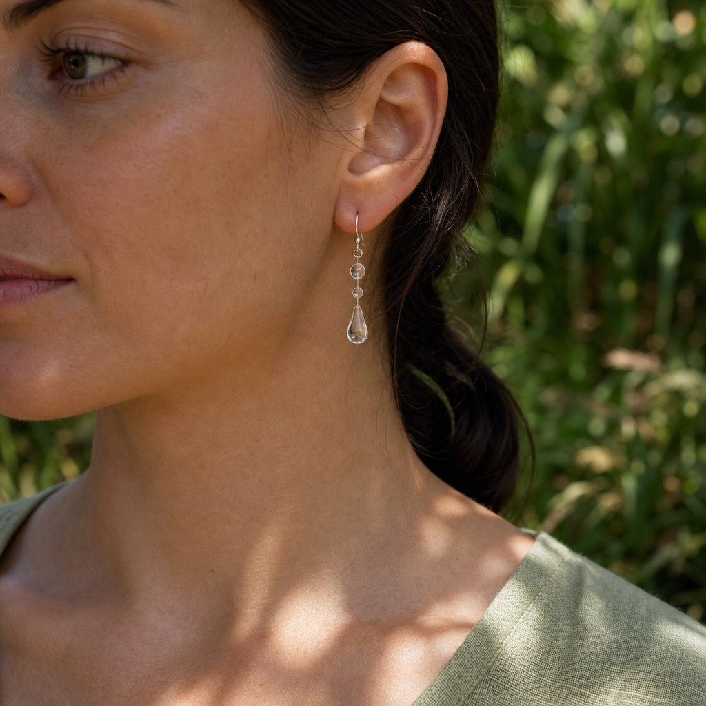 Clear Teardrop Resin Drop Earrings with Beaded Silver-Tone Wire — main image