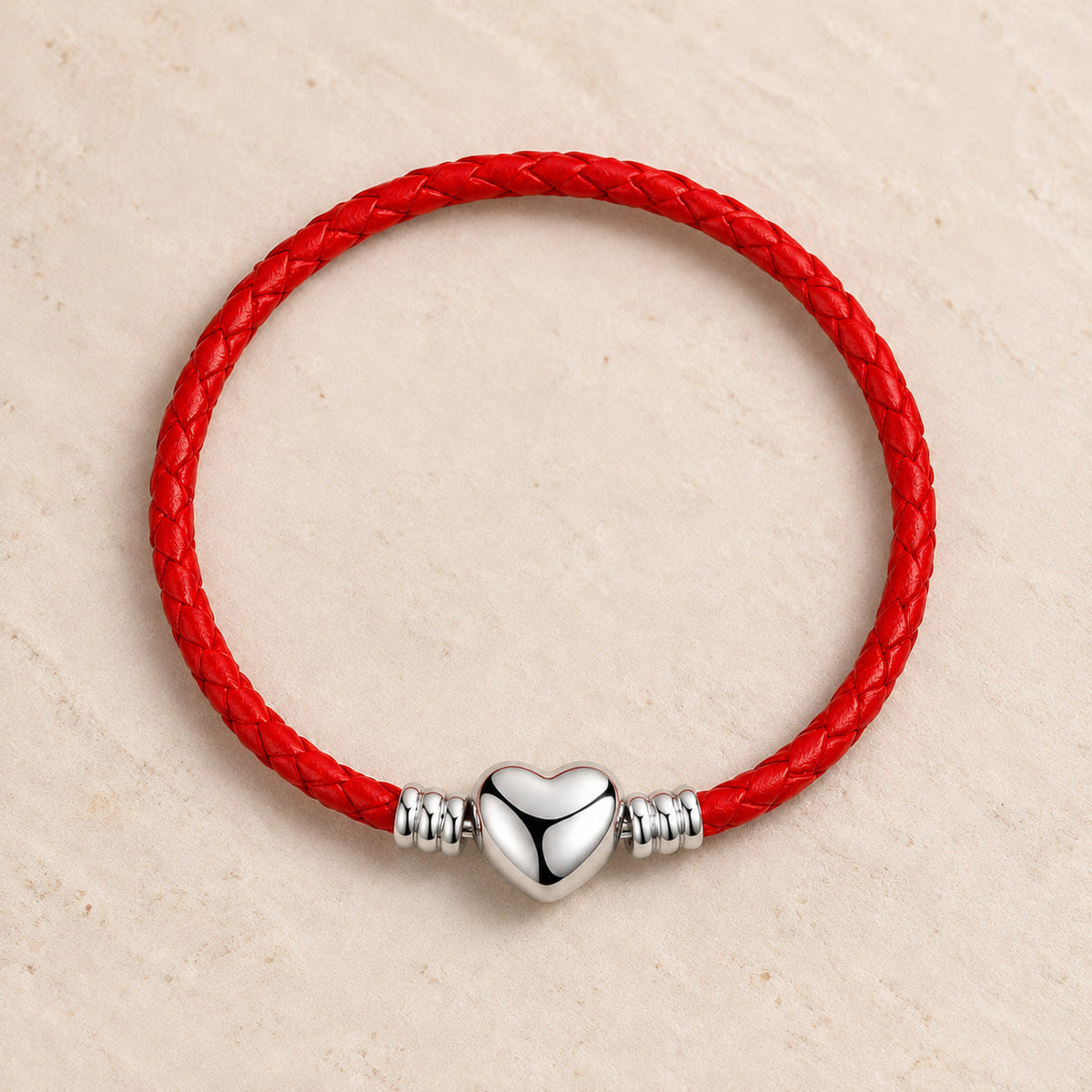 Heart Charm Braided Leather Bracelet with Silver-Tone Beads — view 2