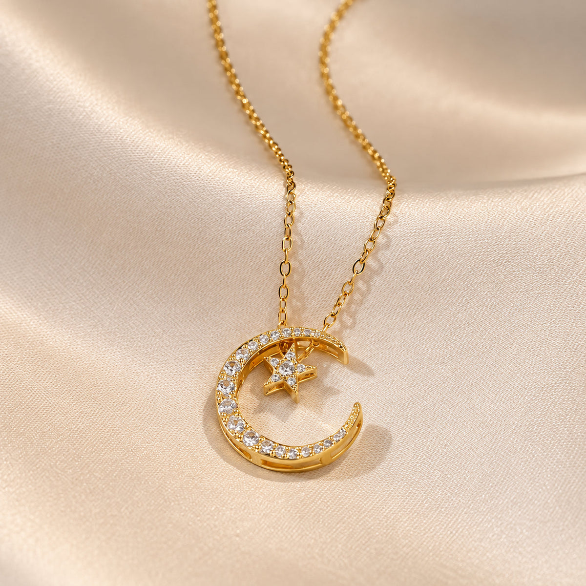 Crescent Moon and Star Pendant Necklace with Cubic Zirconia Pavé — main image
