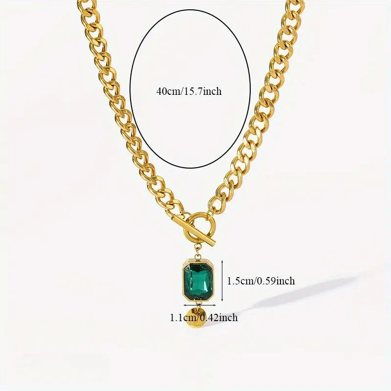 Emerald-Cut Green Stone Pendant Necklace with Chunky Chain