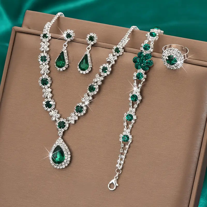 Teardrop Emerald Jewelry Set with Crystal Halo Accents, 4-Piece Necklace, Earrings, Bracelet & Ring