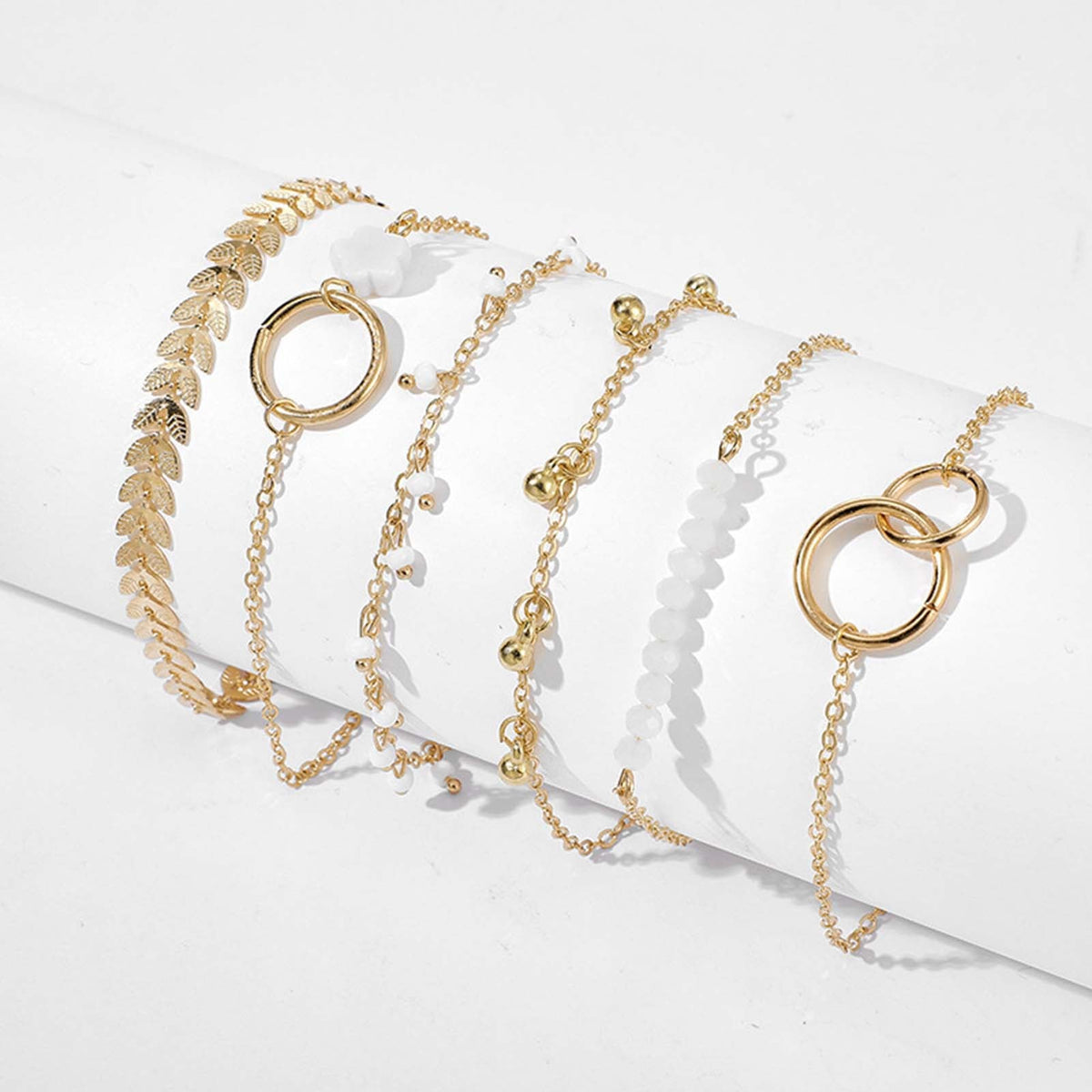 Leaf & Flower Charm Gold-Tone Bracelet Set, 6 Pieces with White Bead Accents — view 3