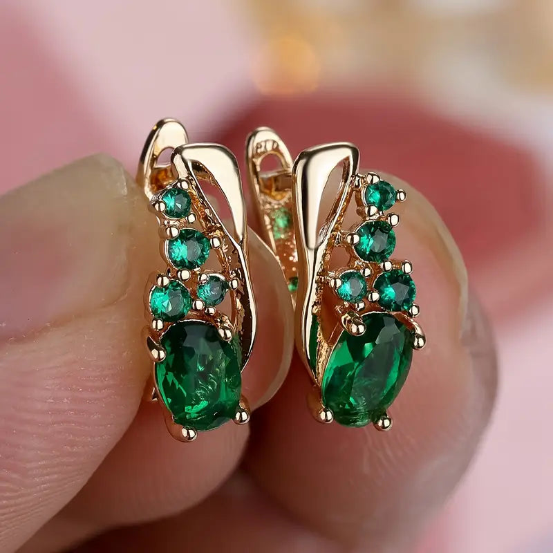 Oval Emerald Cluster Hoop Earrings with Green Accent Stones in Gold Tone