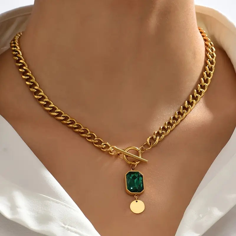 Emerald-Cut Green Stone Pendant Necklace with Chunky Chain