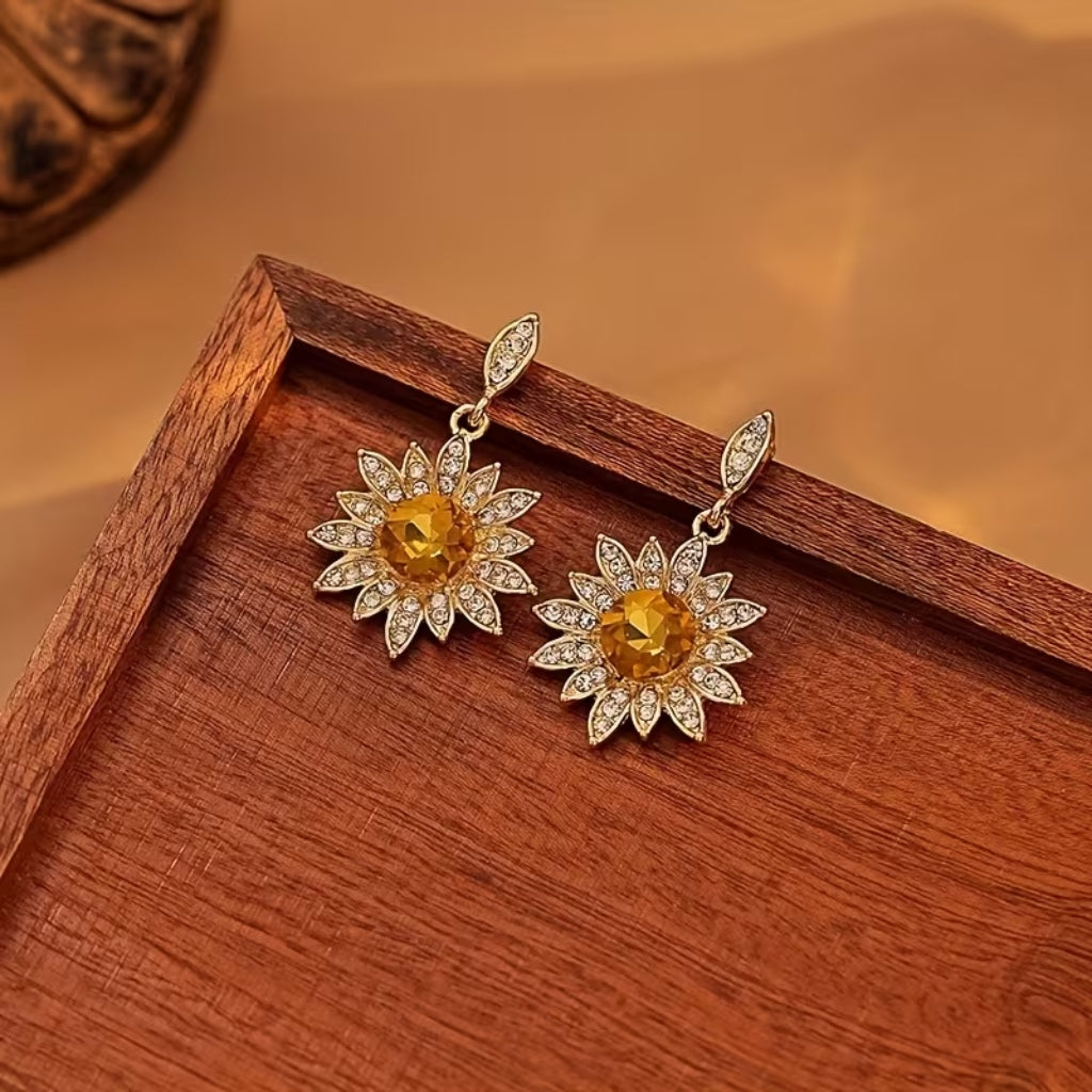 Sunflower Amber Drop Earrings with Crystal Petal Accents — view 2