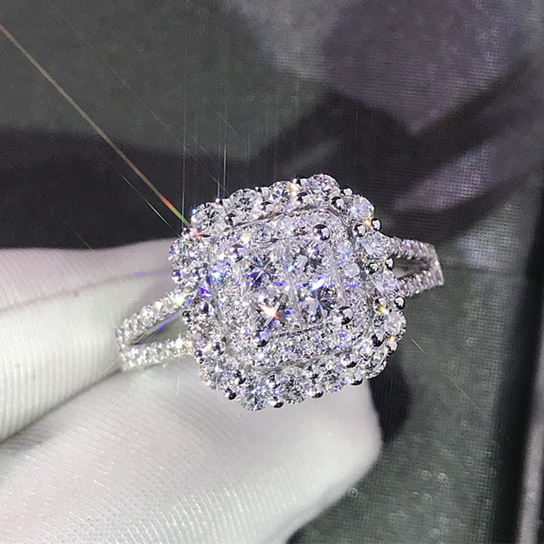 Square Double Halo Cubic Zirconia Ring with Pavé Band — view 4
