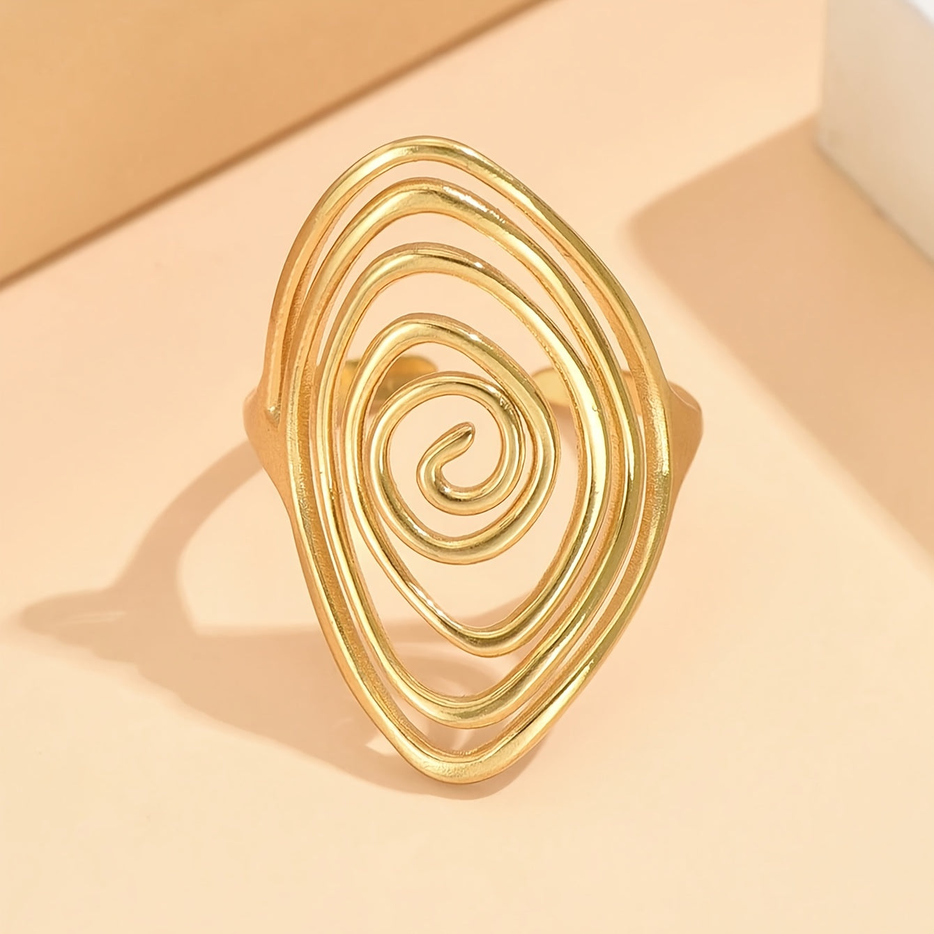 Hollow Spiral Statement Ring, Open Oval Design, Stainless Steel with Gold or Silver Finish