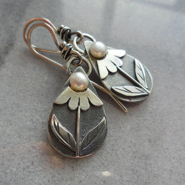 Teardrop Pearl Drop Earrings with Floral Leaf Detail in Antiqued Silver Tone — main image