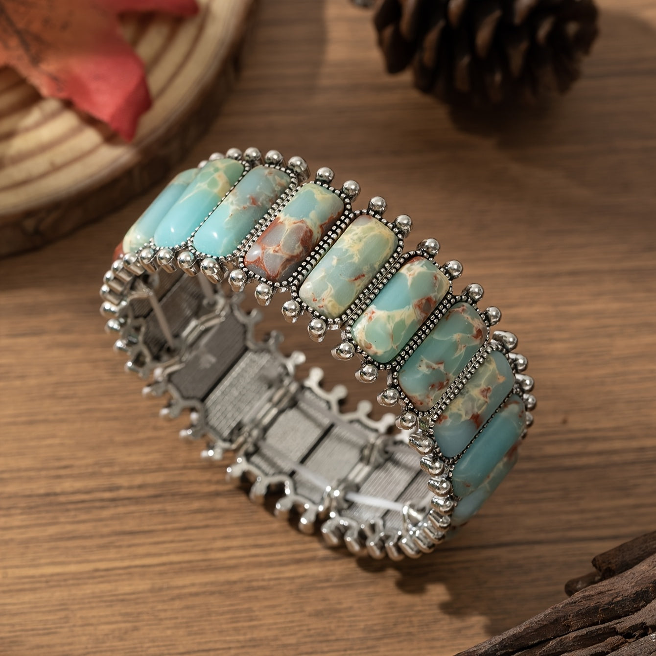 Turquoise Inlay Stretch Bracelet with Beaded Silver-Tone Detail