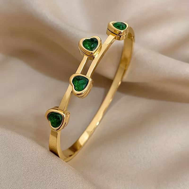 Heart-Shaped Green Stone Cuff Bracelet in Gold Tone, Open Bangle Design