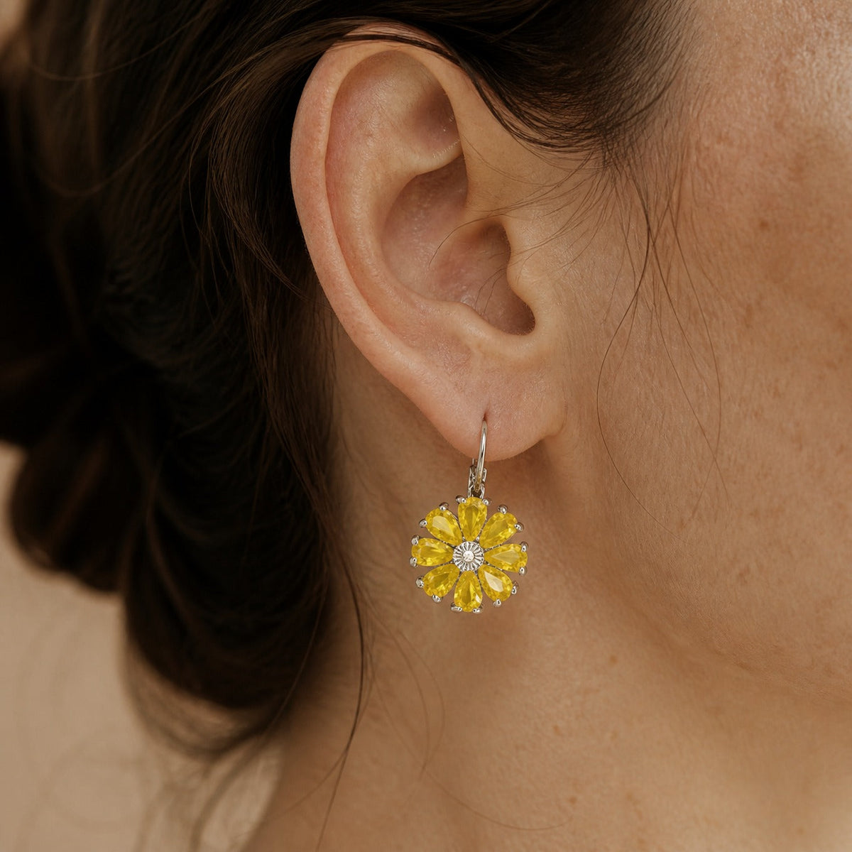 Yellow Crystal Flower Drop Earrings with Lever-Back Closure — view 2