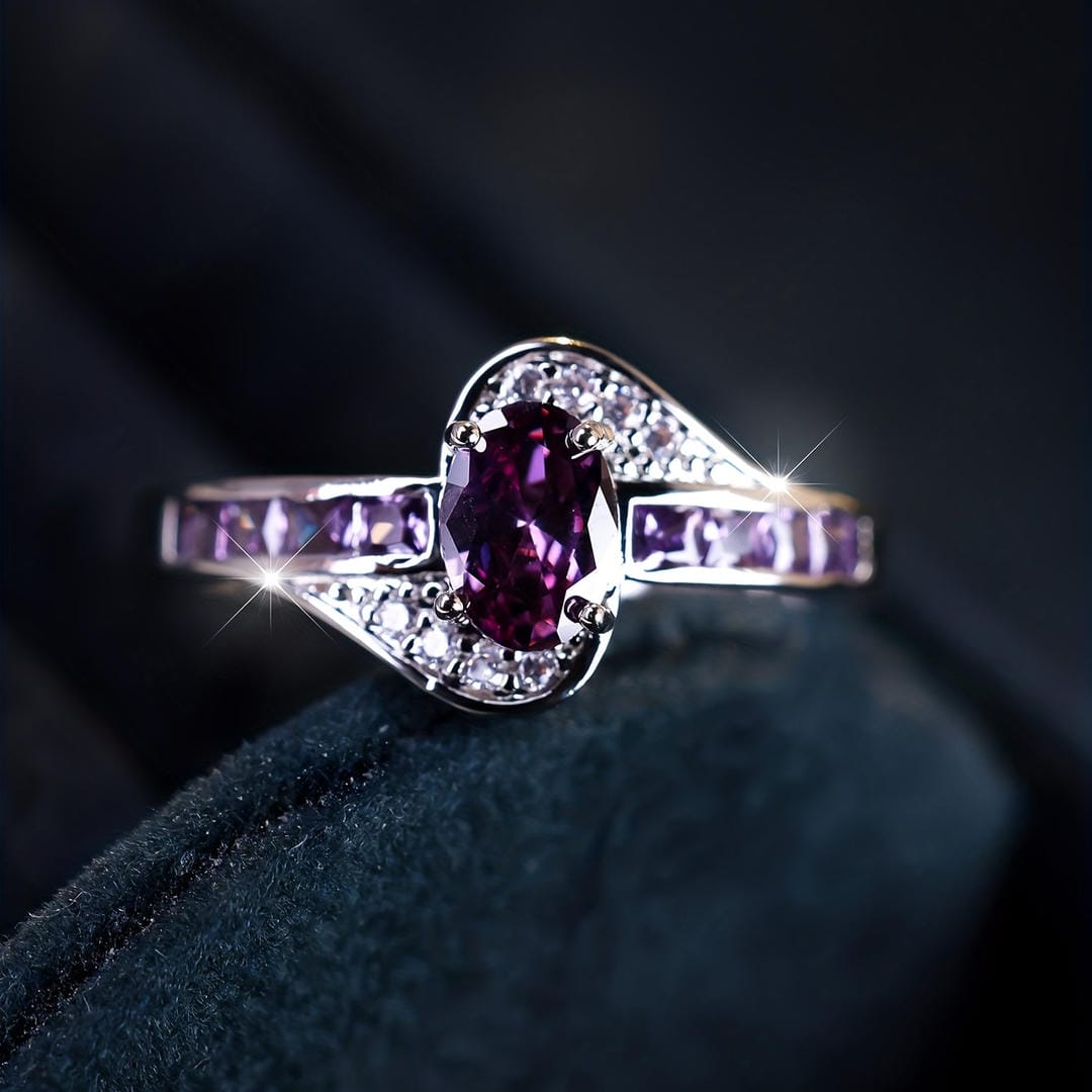 Oval Violet Crystal Twist Ring with Purple Accent Stones — view 2