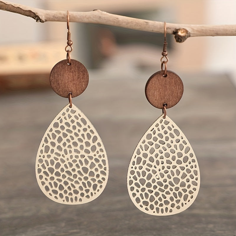 Teardrop Filigree PU Leather Drop Earrings with Wood Disc Accent