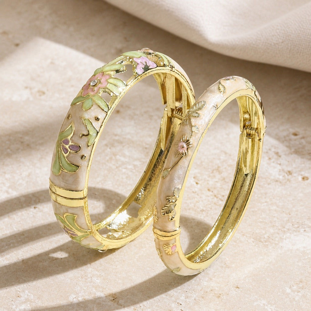 Floral Cloisonné Bangle Bracelet Set with Gold-Tone Filigree Detail — main image