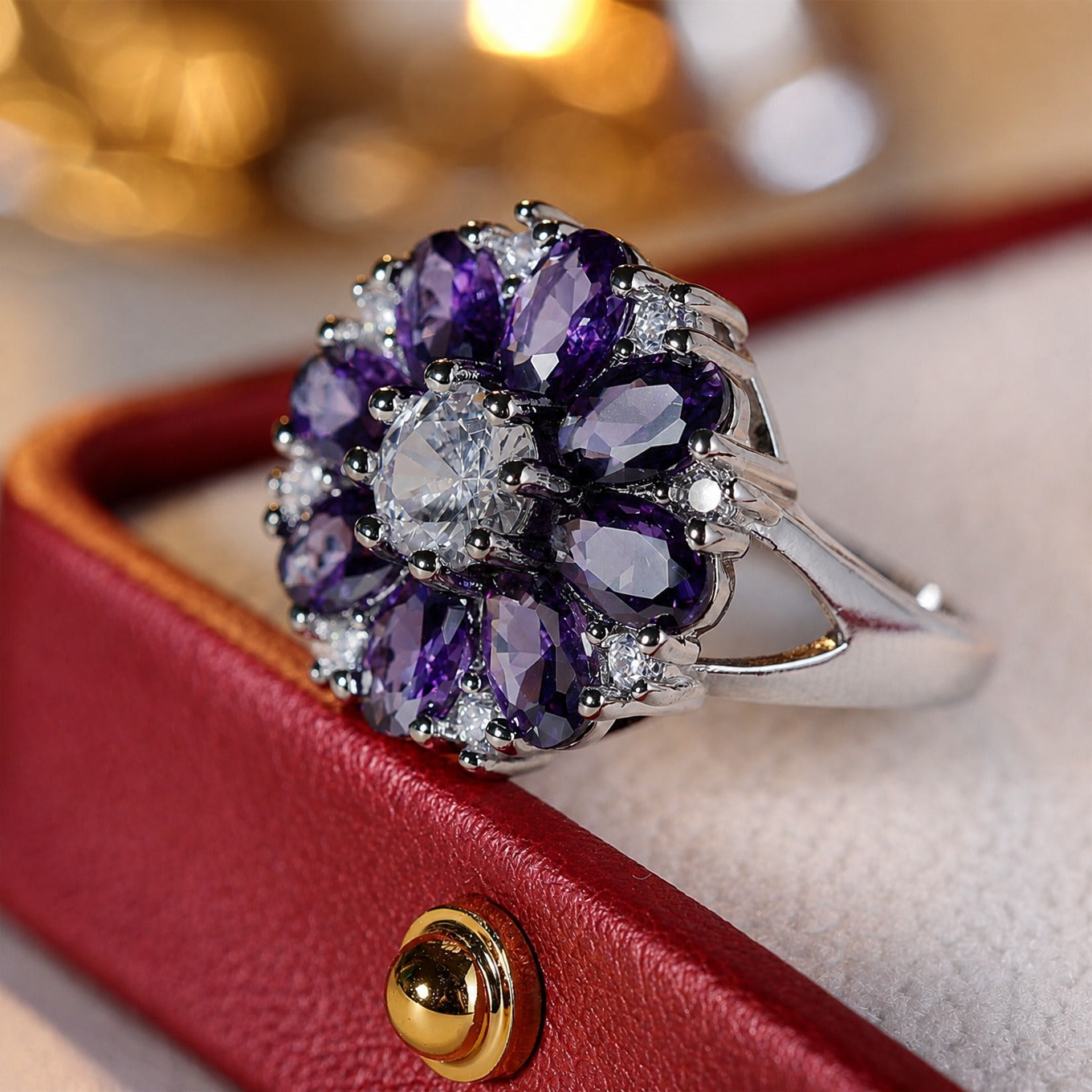 Purple Gemstone Floral Halo Ring with Clear Center Stone