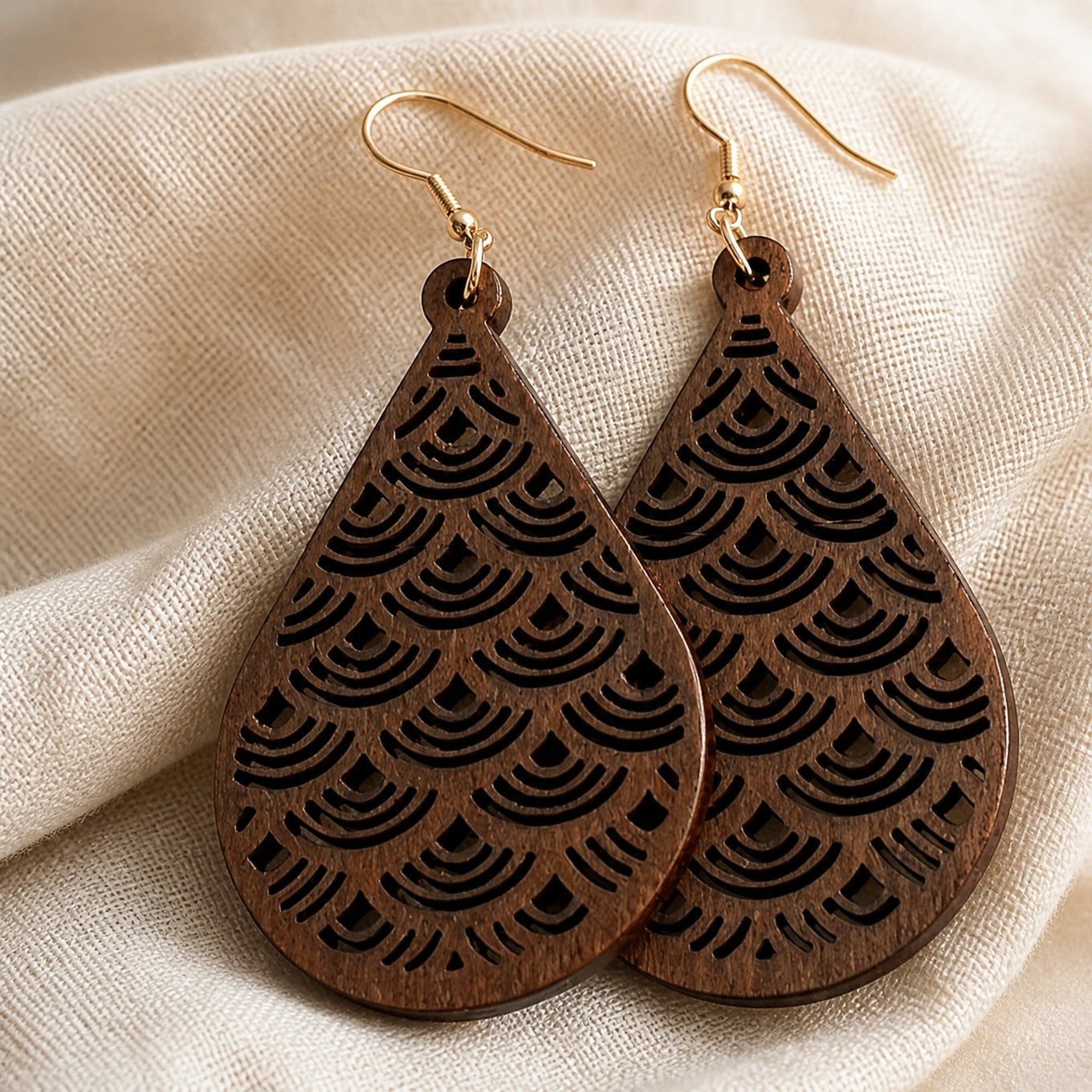 Teardrop Wood Drop Earrings with Geometric Cutout Pattern and Gold-Tone Ear Wire