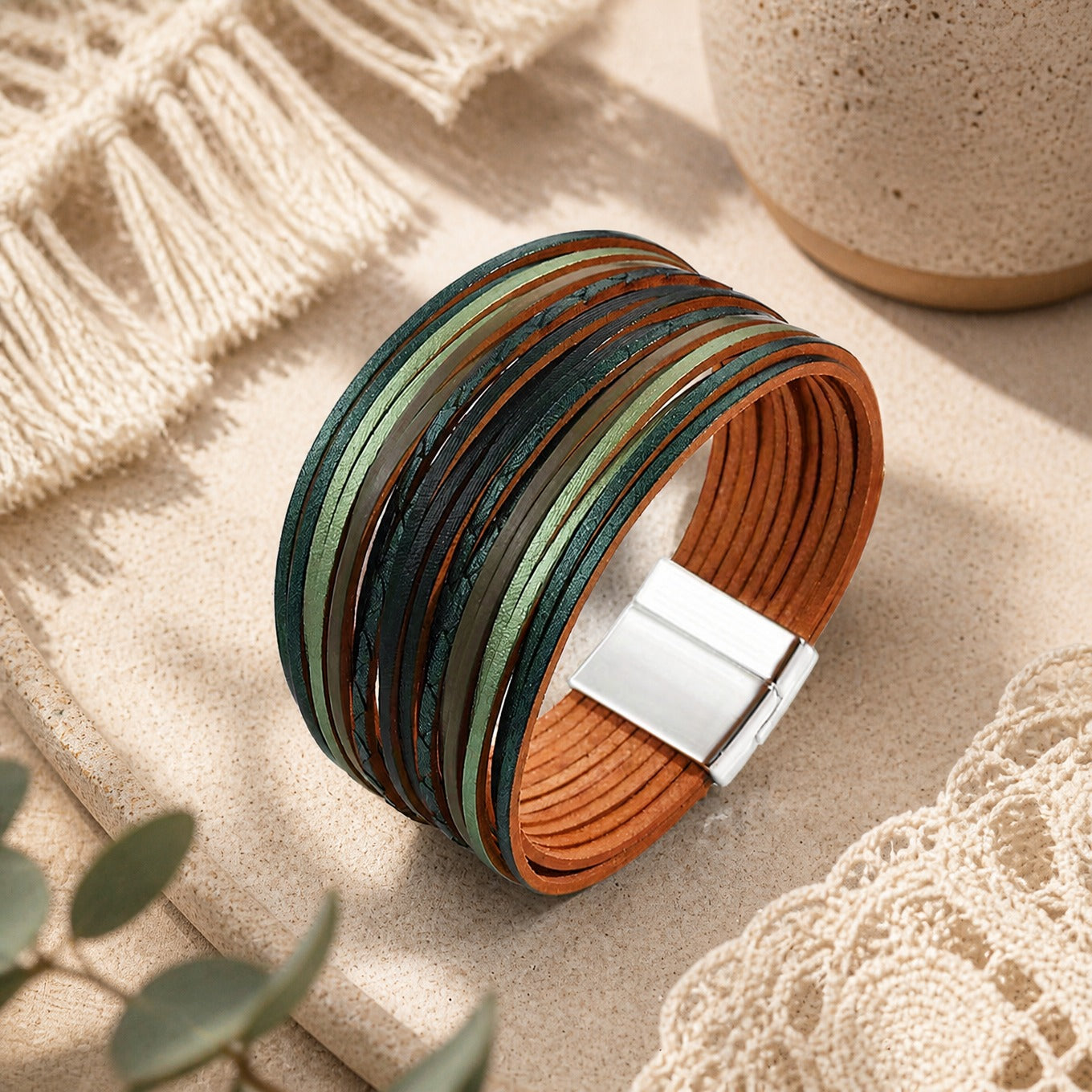 Bohemian Multi-Strand PU Leather Wrap Bracelet with Magnetic Clasp