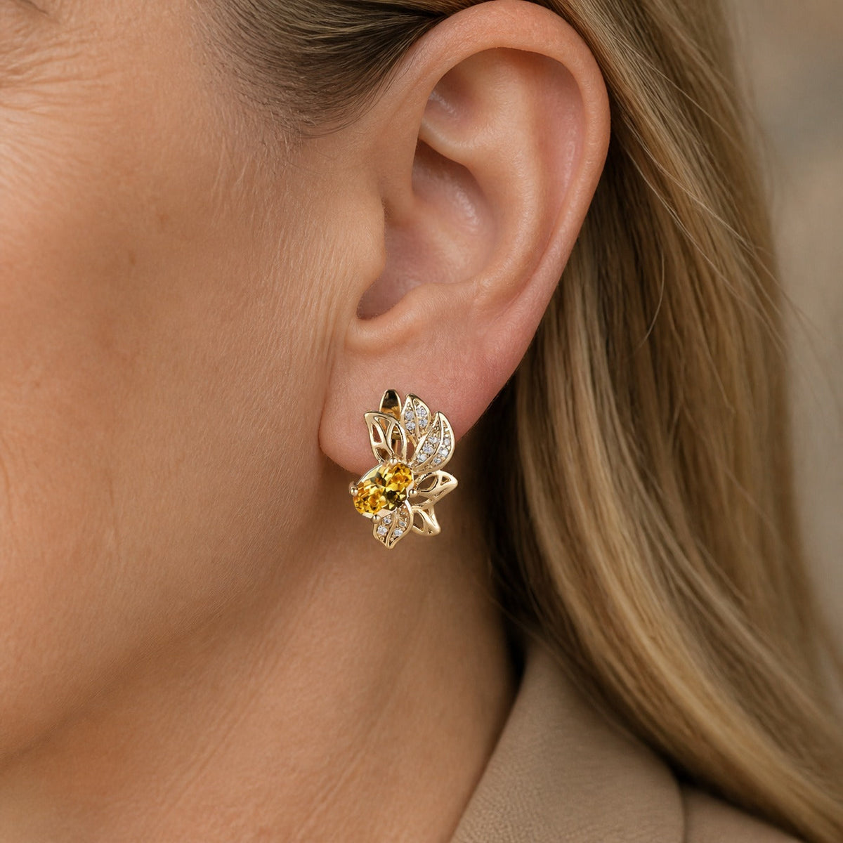 Golden Leaf Stud Earrings with Cubic Zirconia Accents and KC Gold Plating — view 2