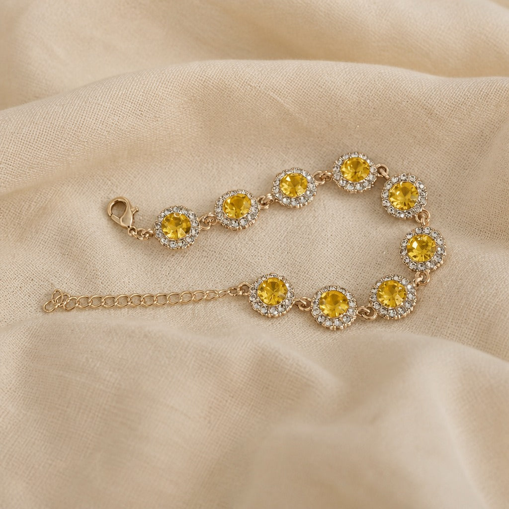 Yellow Halo Rhinestone Tennis Bracelet with Gold-Tone Chain — view 2