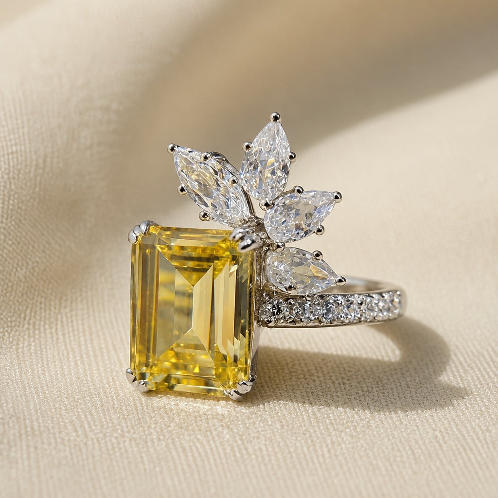 Emerald-Cut Yellow Stone Cocktail Ring with Botanical Cluster Design — main image