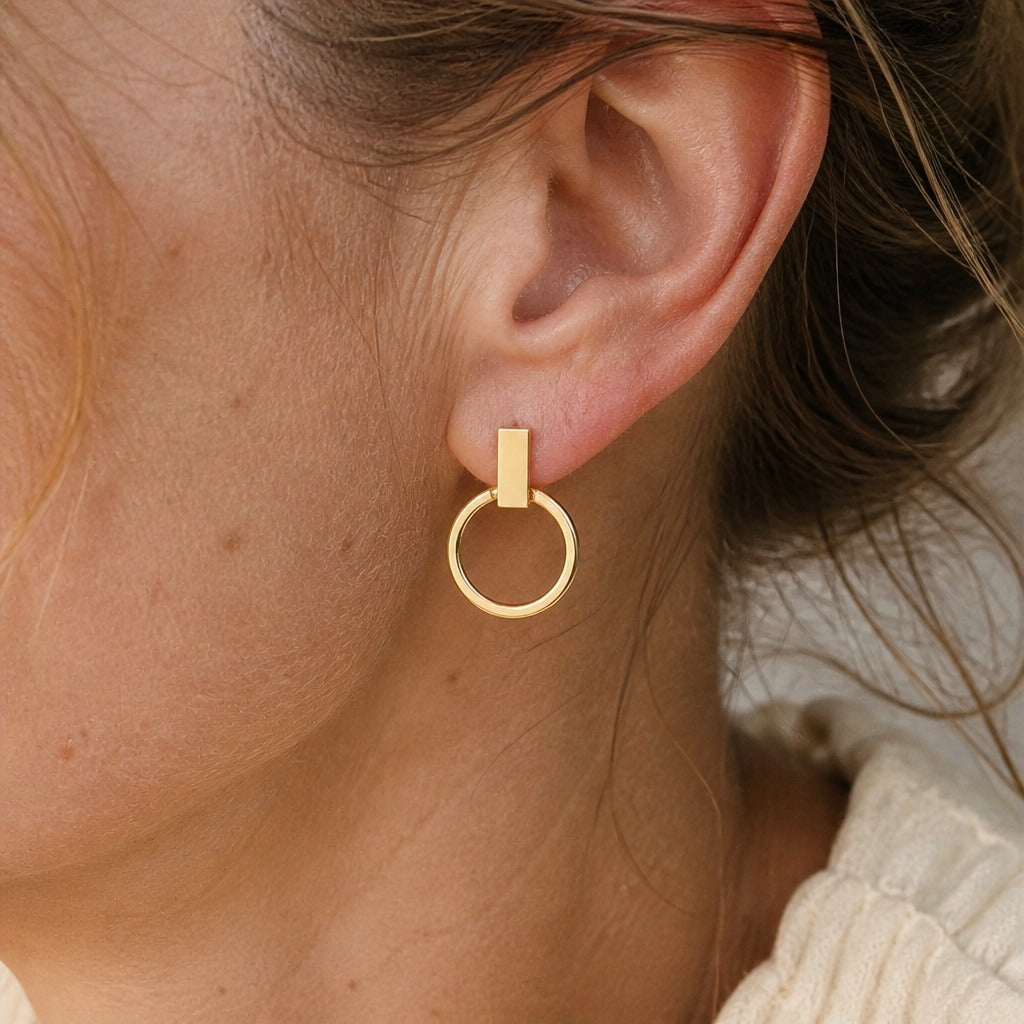 Geometric Drop Earrings with Rectangular Bar and Circle Pendant in Gold Tone — main image