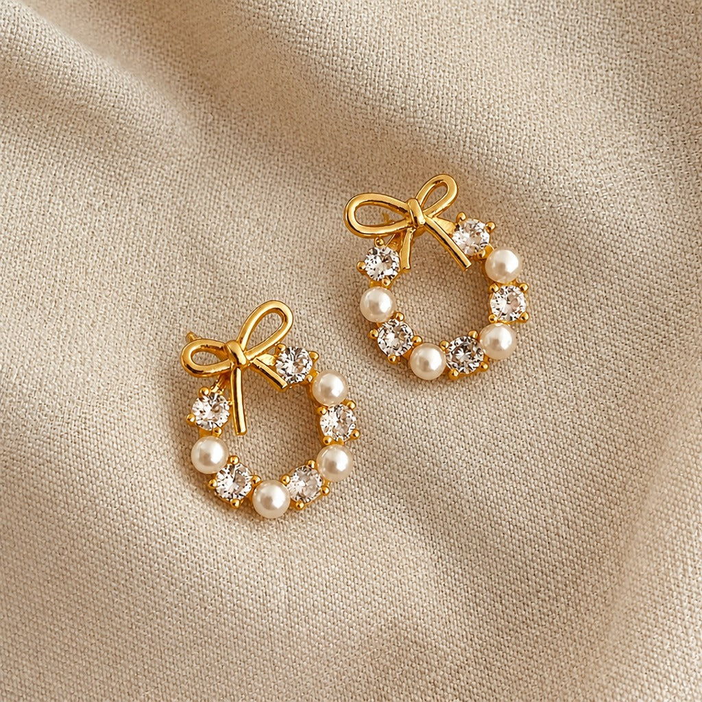 Pearl & Crystal Wreath Drop Earrings with Bow Knot Detail — main image