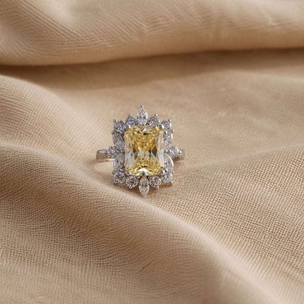 Radiant-Cut Yellow Halo Cocktail Ring with Silver-Tone Setting — main image