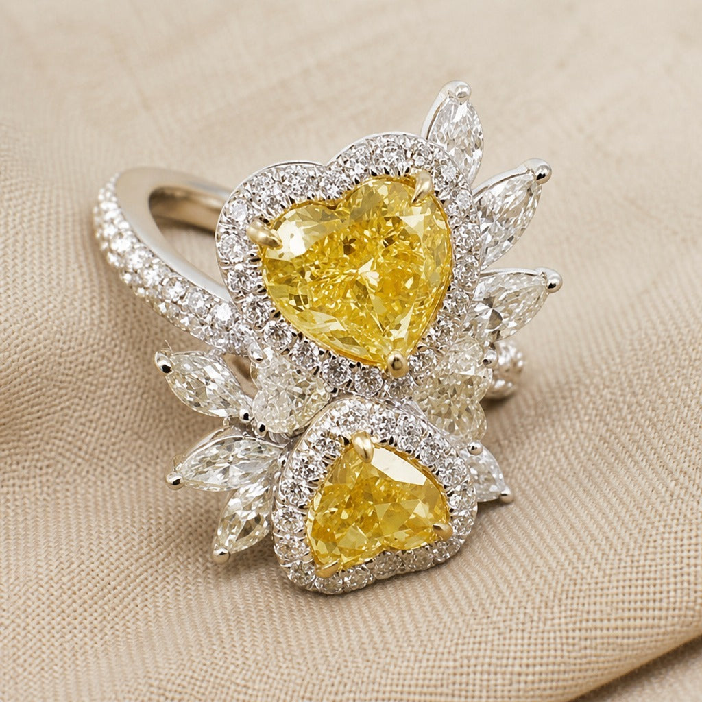 Heart-Shaped Yellow Cocktail Ring with Floral Crystal Halo — main image