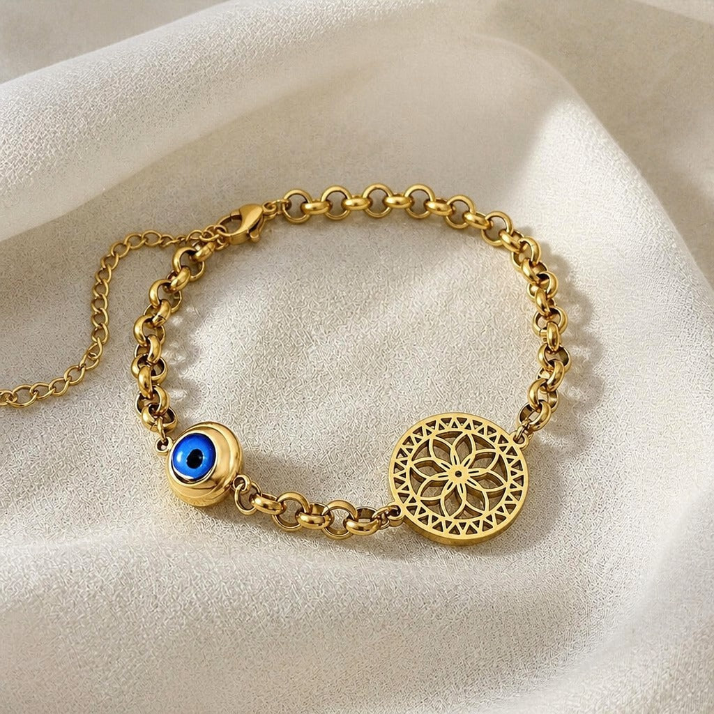 Evil Eye Gold Charm Bracelet with Filigree Flower Pendant — main image