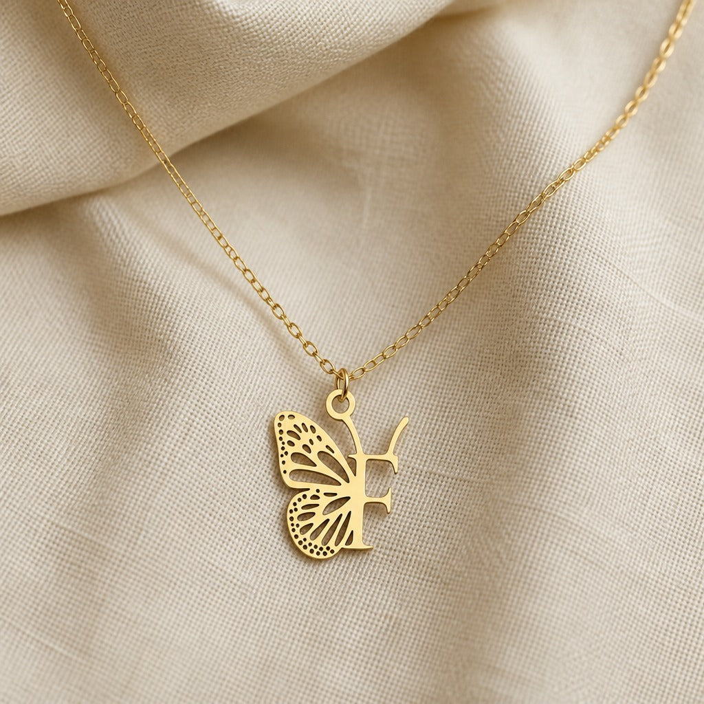 Butterfly Initial Letter Pendant Necklace with Filigree Wings, Gold or Silver Tone — view 12