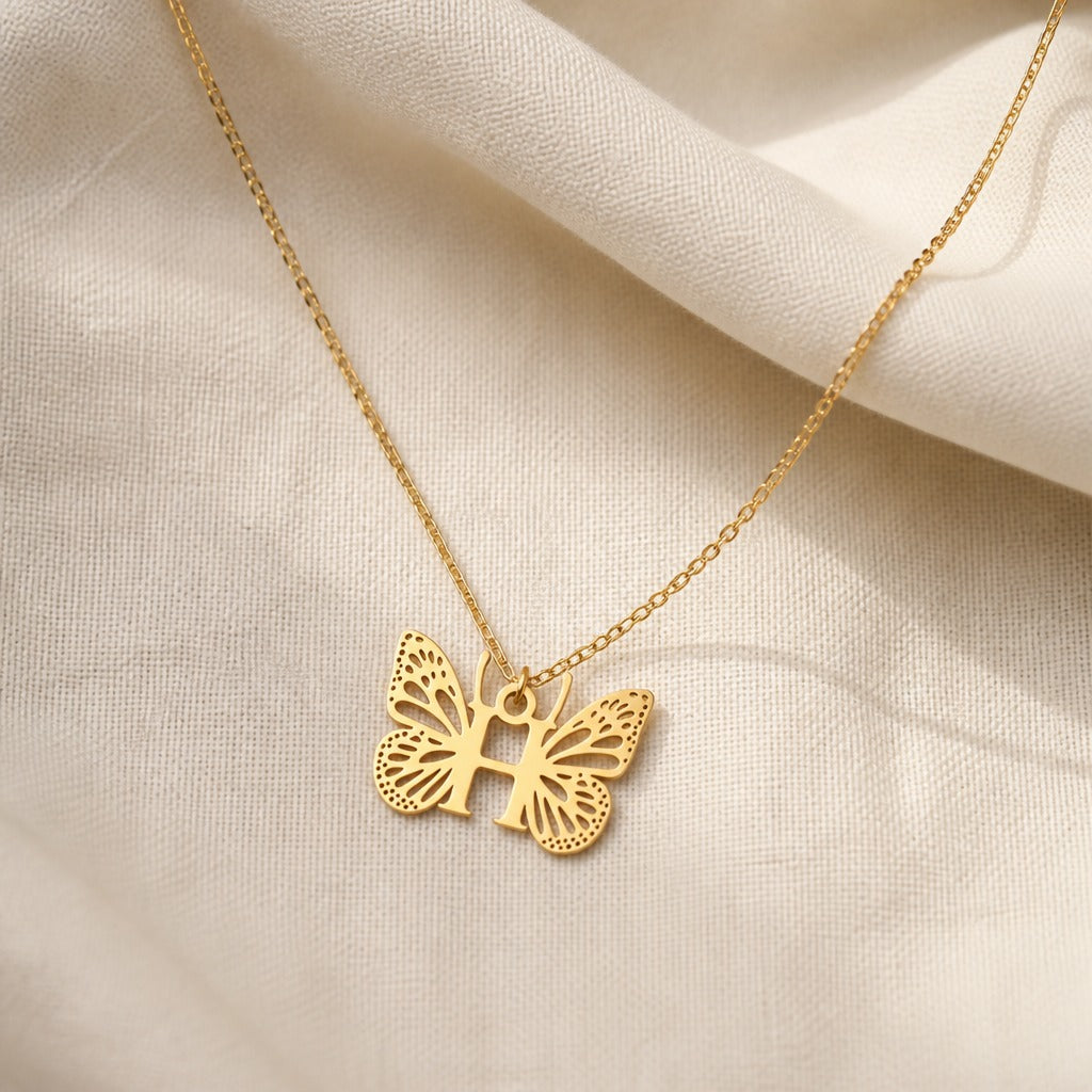 Butterfly Initial Letter Pendant Necklace with Filigree Wings, Gold or Silver Tone — view 16