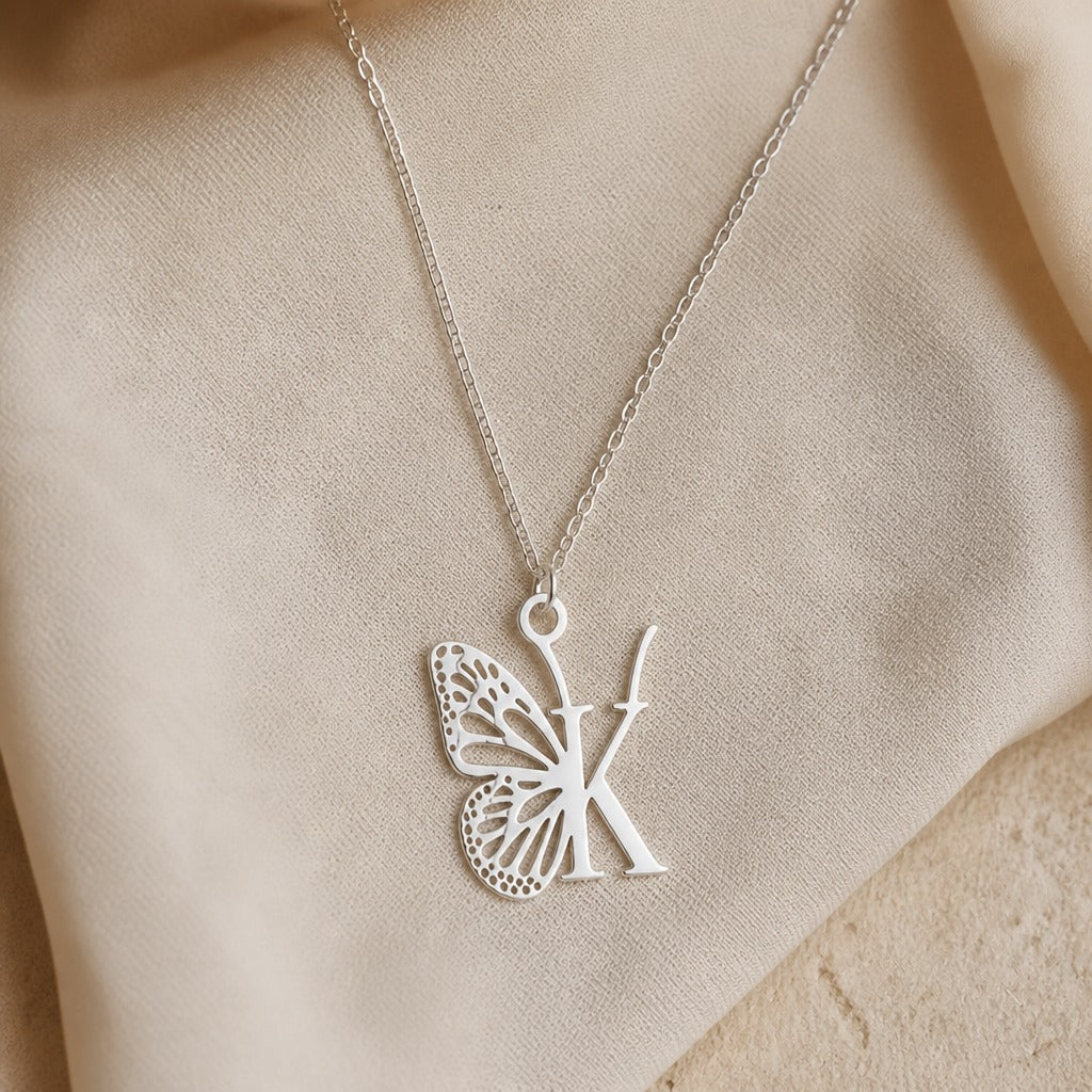 Butterfly Initial Letter Pendant Necklace with Filigree Wings, Gold or Silver Tone — view 23