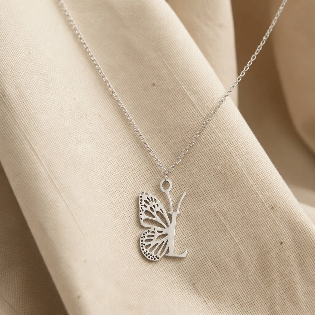 Butterfly Initial Letter Pendant Necklace with Filigree Wings, Gold or Silver Tone — view 25