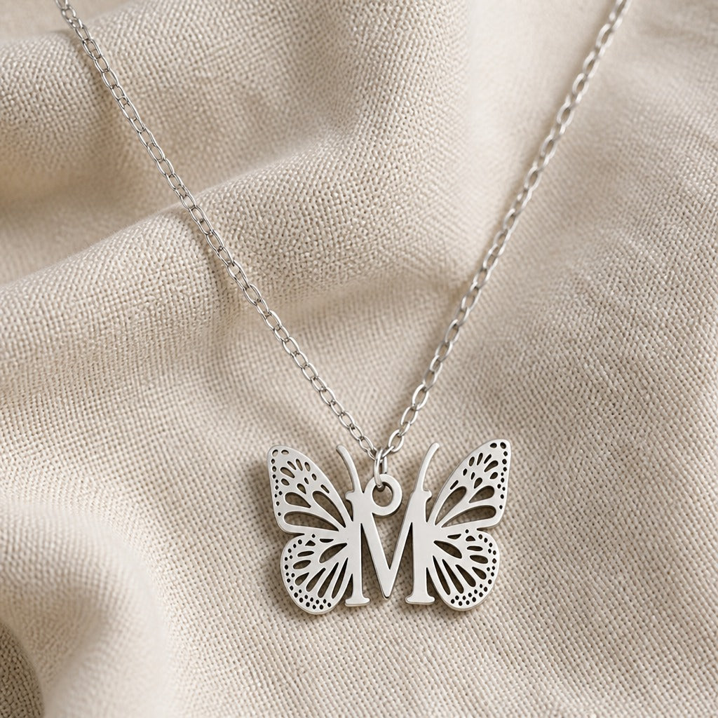 Butterfly Initial Letter Pendant Necklace with Filigree Wings, Gold or Silver Tone — view 27