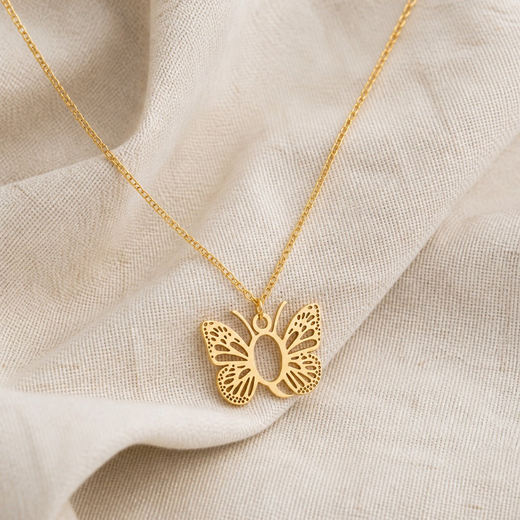 Butterfly Initial Letter Pendant Necklace with Filigree Wings, Gold or Silver Tone — view 34