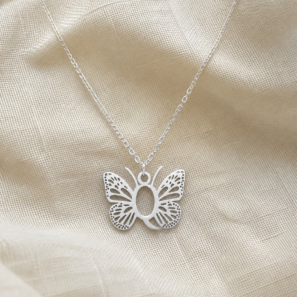 Butterfly Initial Letter Pendant Necklace with Filigree Wings, Gold or Silver Tone — view 35