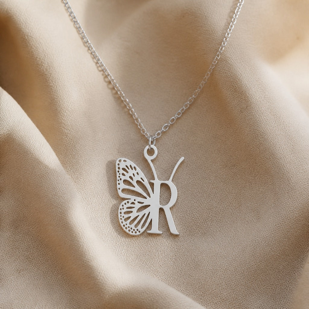 Butterfly Initial Letter Pendant Necklace with Filigree Wings, Gold or Silver Tone — view 37