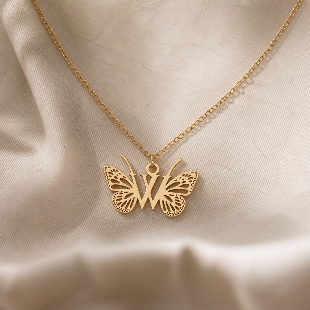 Butterfly Initial Letter Pendant Necklace with Filigree Wings, Gold or Silver Tone — view 46