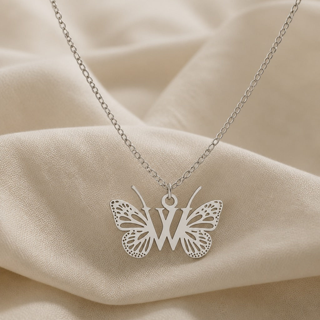 Butterfly Initial Letter Pendant Necklace with Filigree Wings, Gold or Silver Tone — view 47