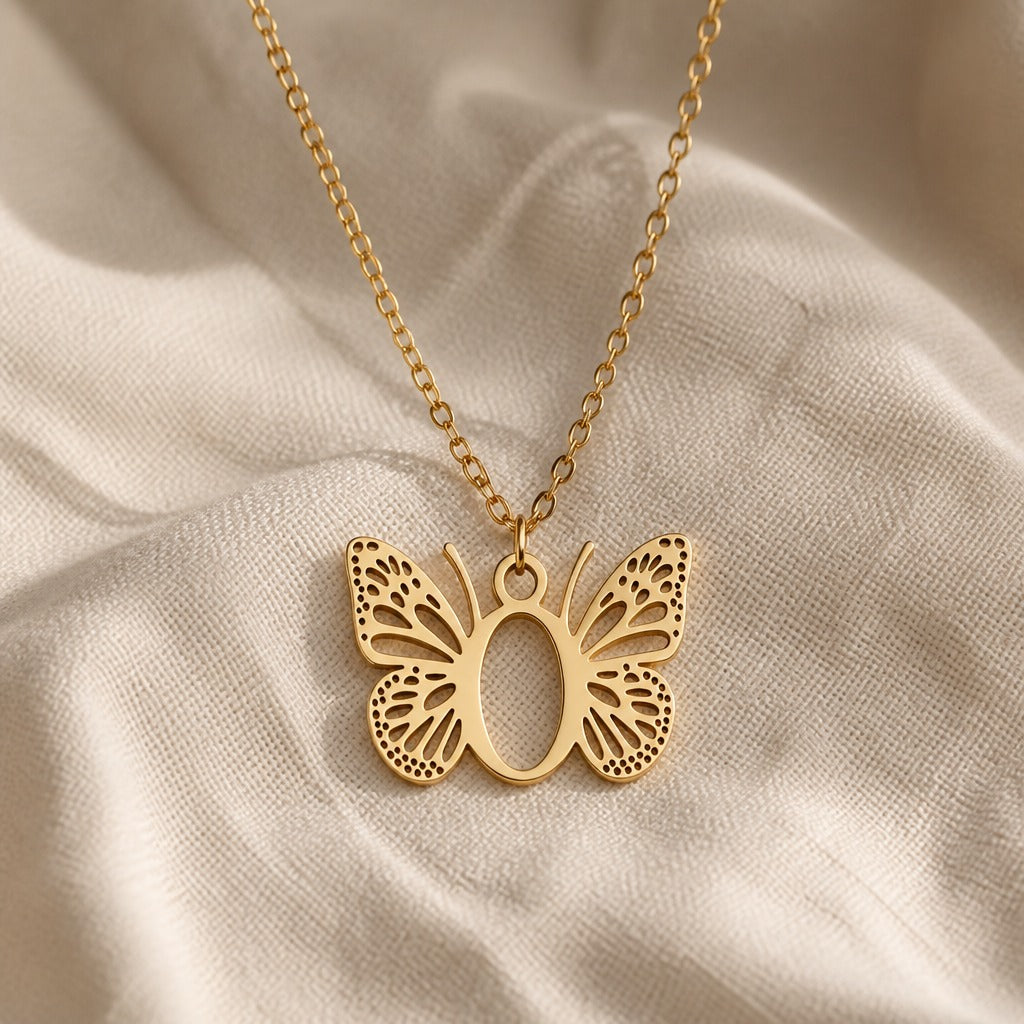 Butterfly Initial Letter Pendant Necklace with Filigree Wings, Gold or Silver Tone — view 30