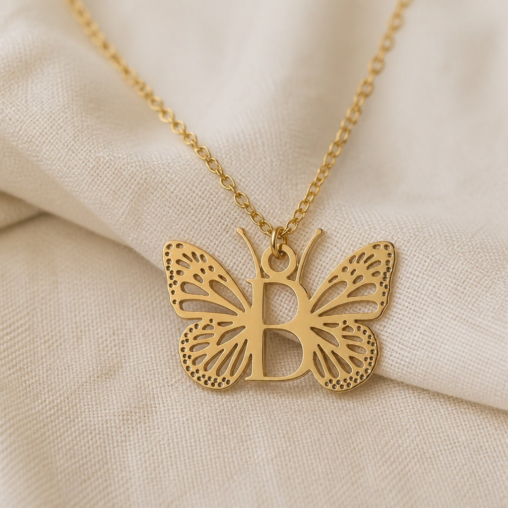 Butterfly Initial Letter Pendant Necklace with Filigree Wings, Gold or Silver Tone — view 4