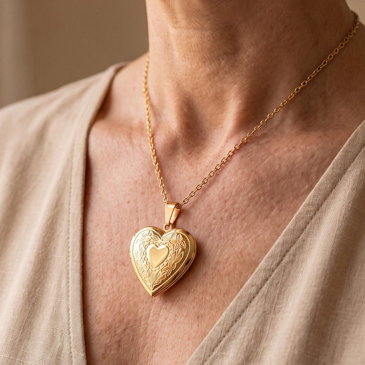 Heart-Shaped Locket Necklace with Engraved Floral Detail, Opens for Photos — main image