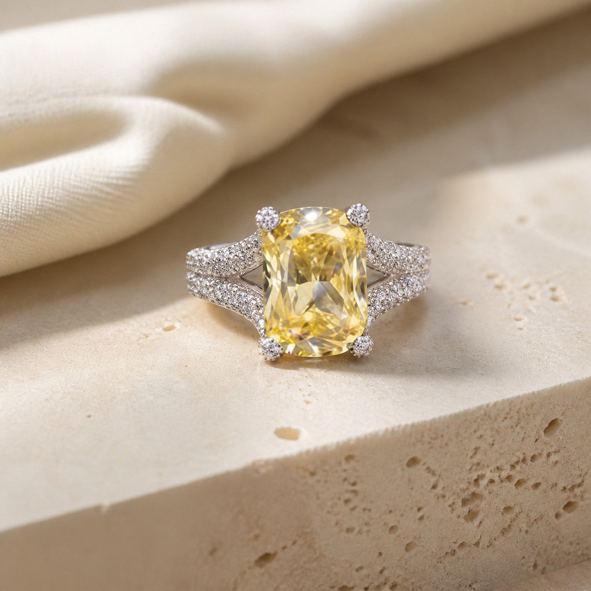 Yellow Cushion-Cut Cubic Zirconia Ring with Pavé Shoulders — main image
