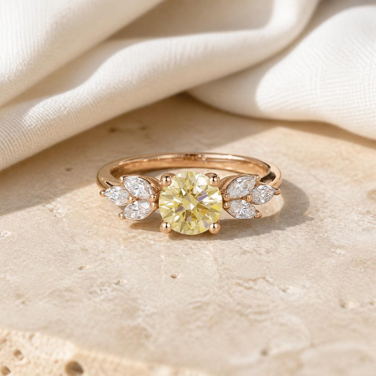 Round Yellow Zircon Ring with Marquise Side Stones in Gold Tone — main image